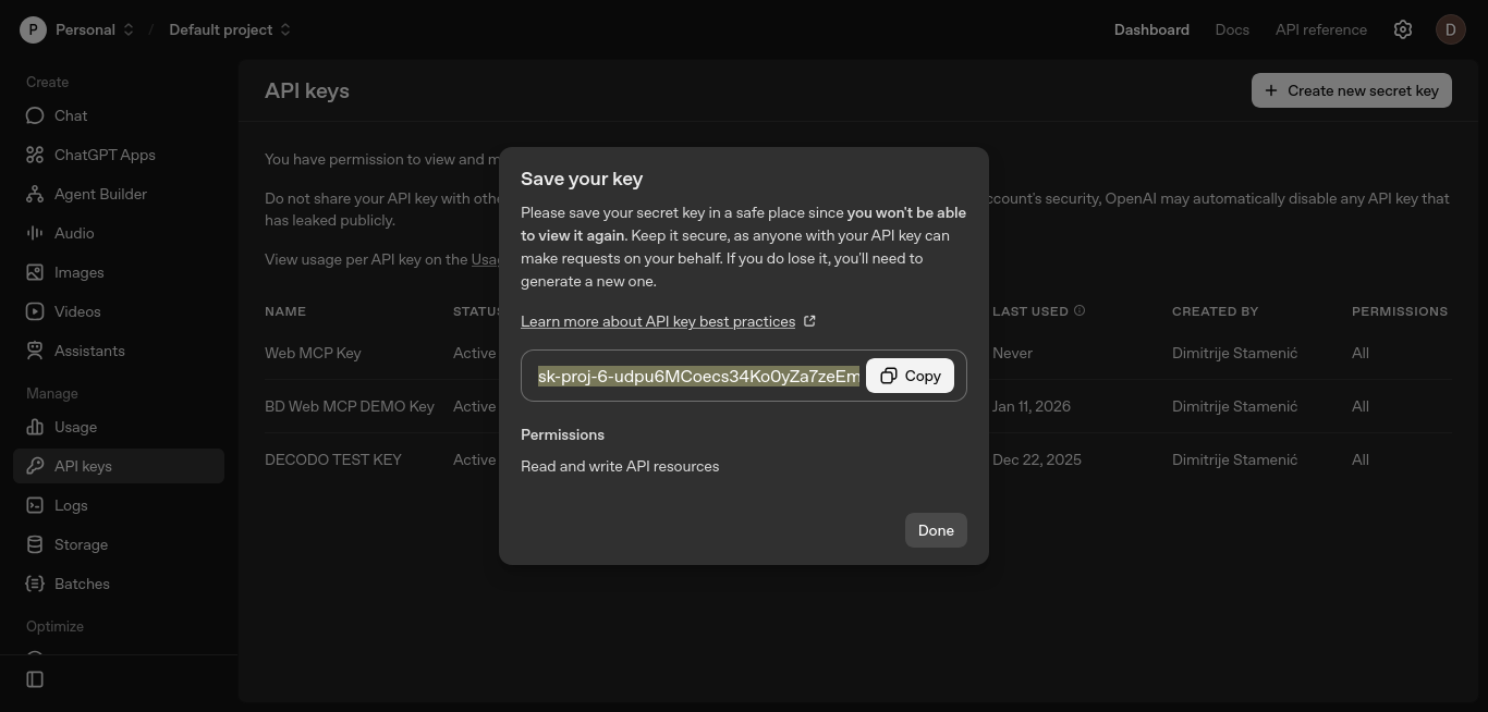 OpenAI Secret Key Generated