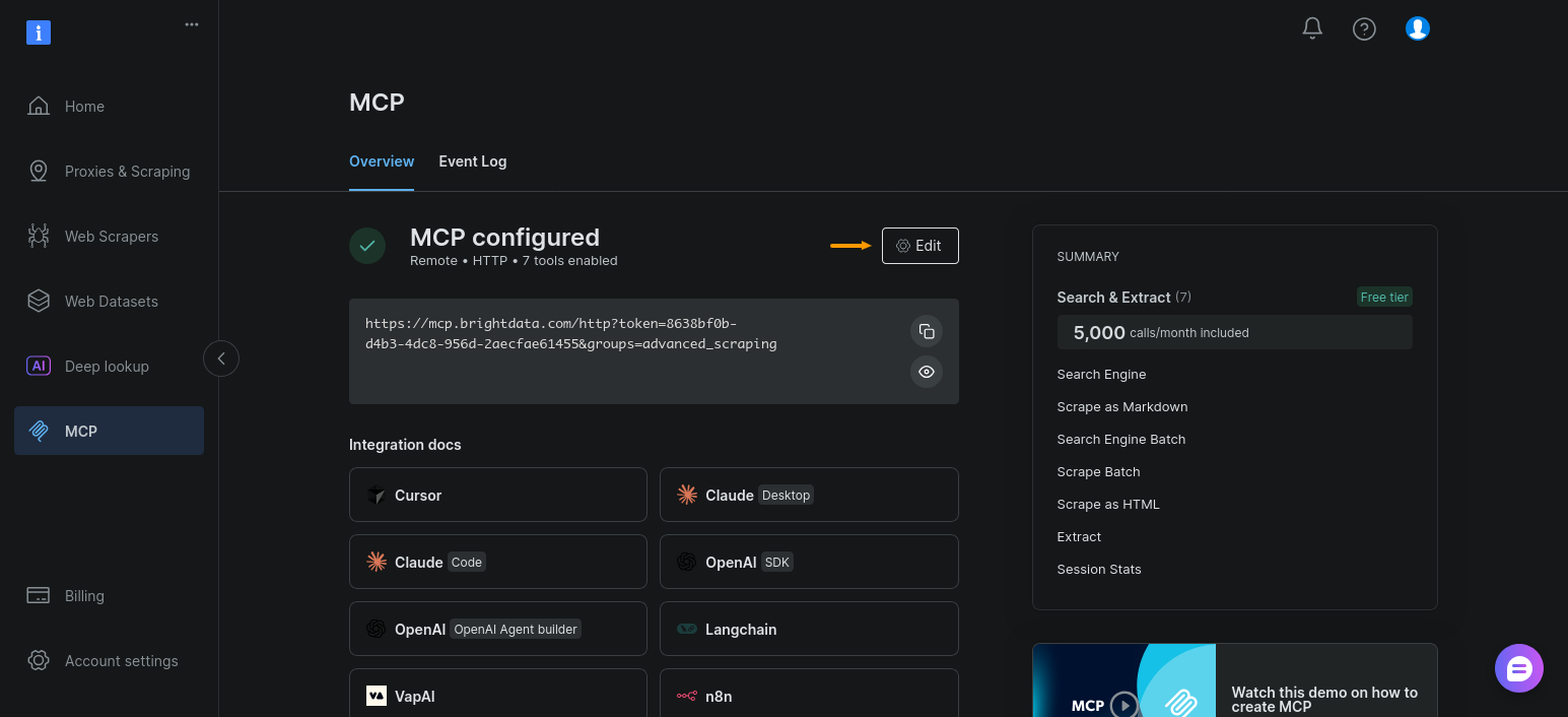 Bright Data MCP Settings