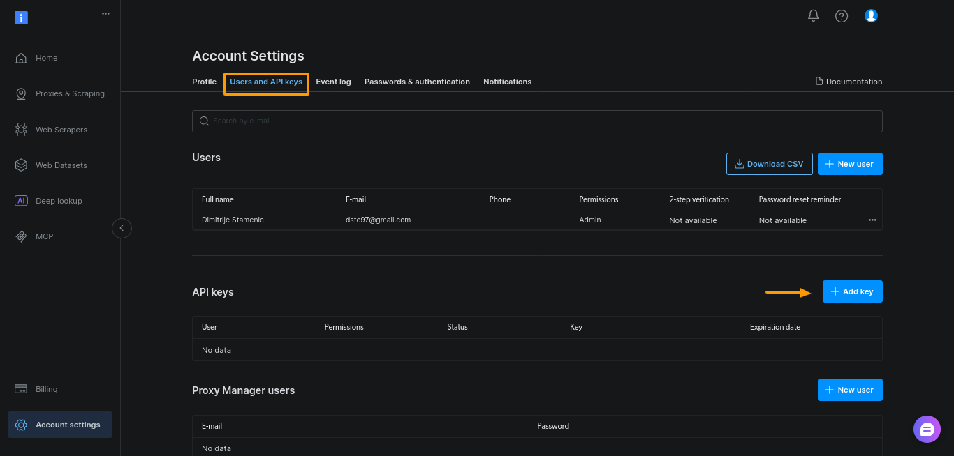 Bright Data Dashboard - Add key