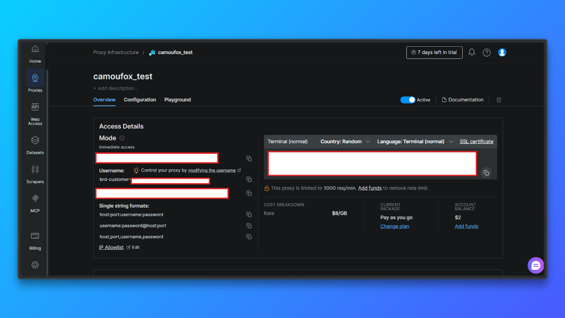 Review proxy credentials in the dashboard