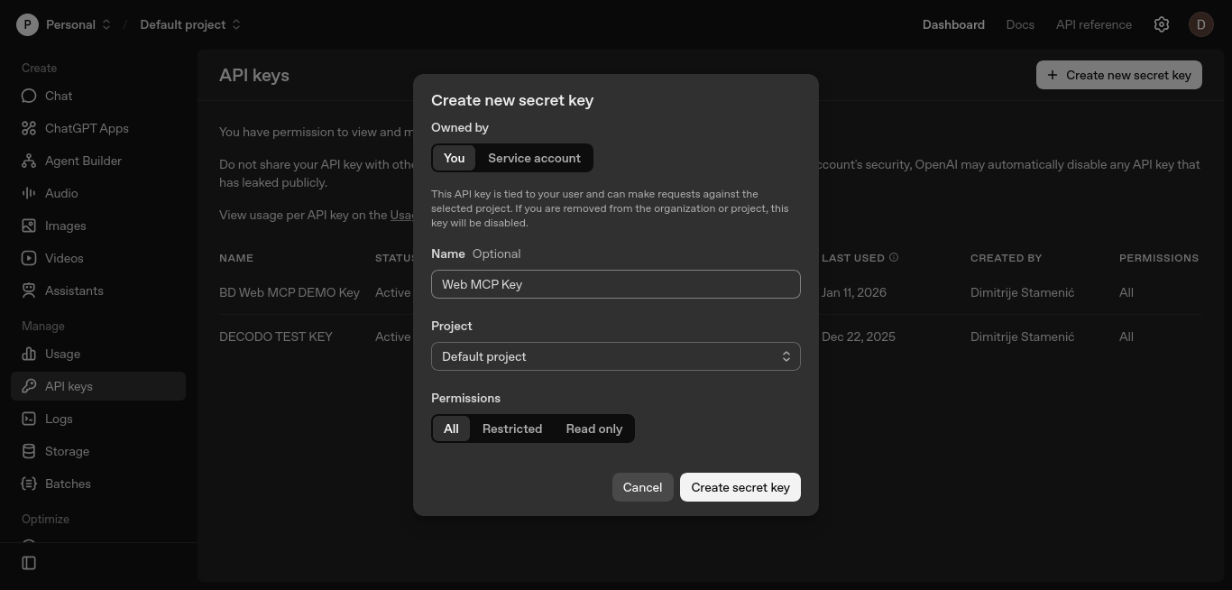 OpenAI Platform Create New Secret Key