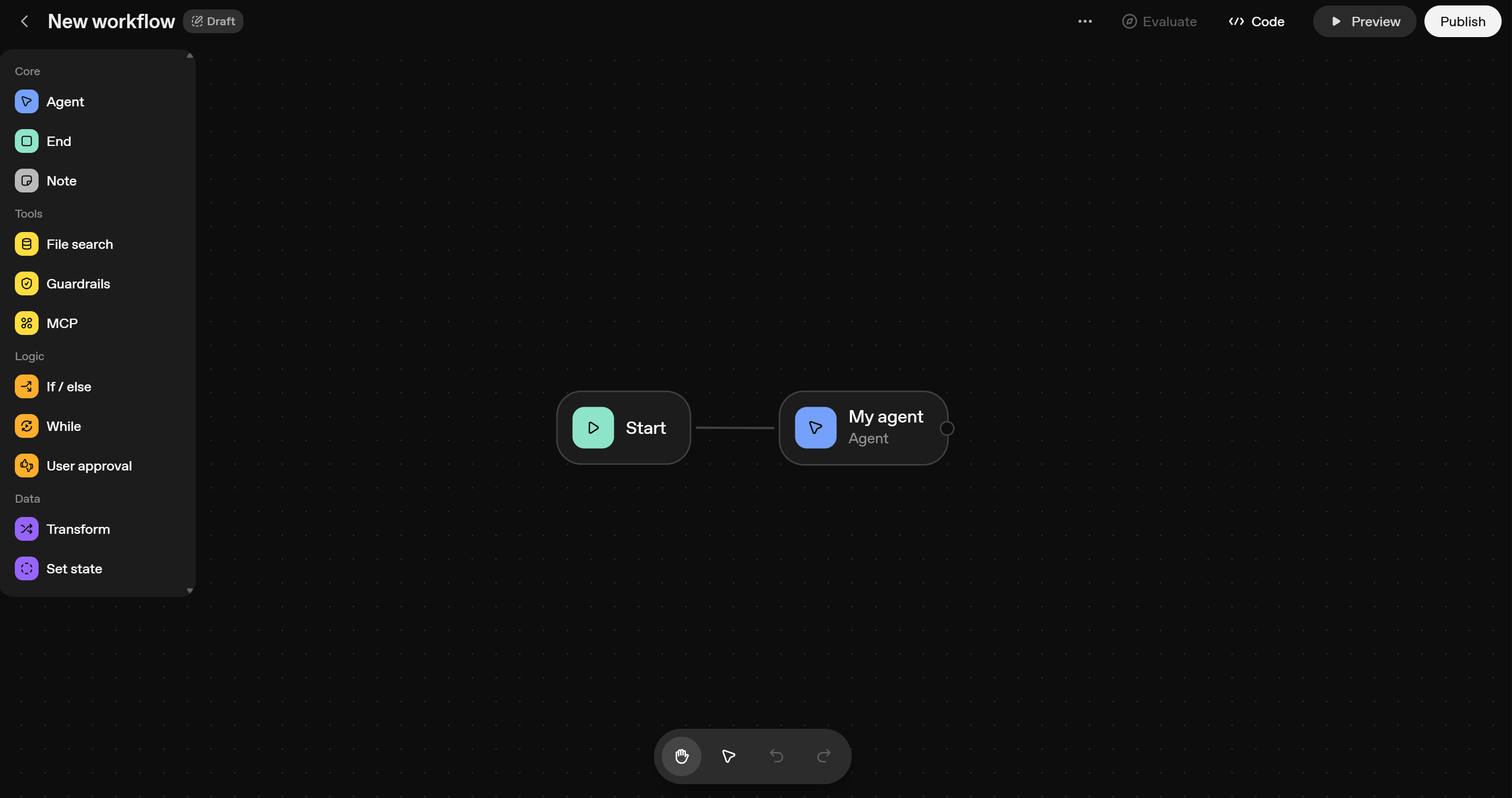 The default Agent Builder setup for new workflows