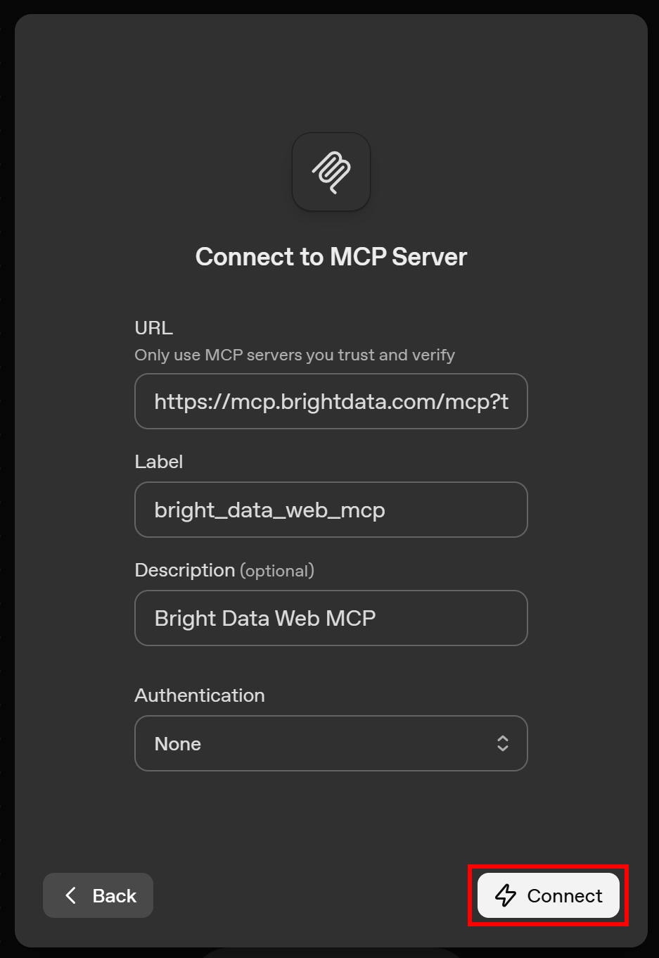 Filling out the “Connect to MCP Server” form