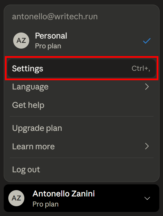Selecting the “Settings” option