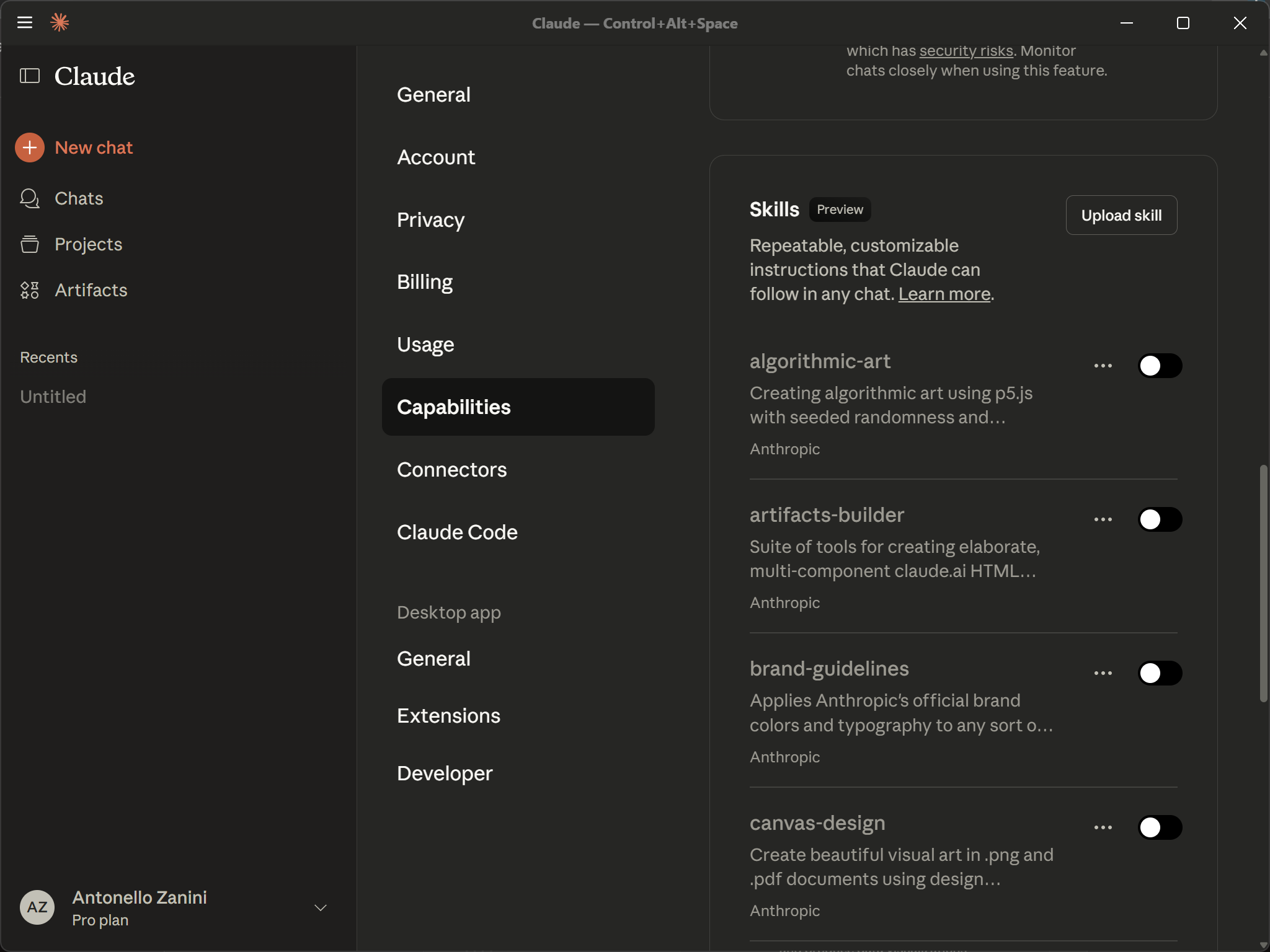 Note that available Skills