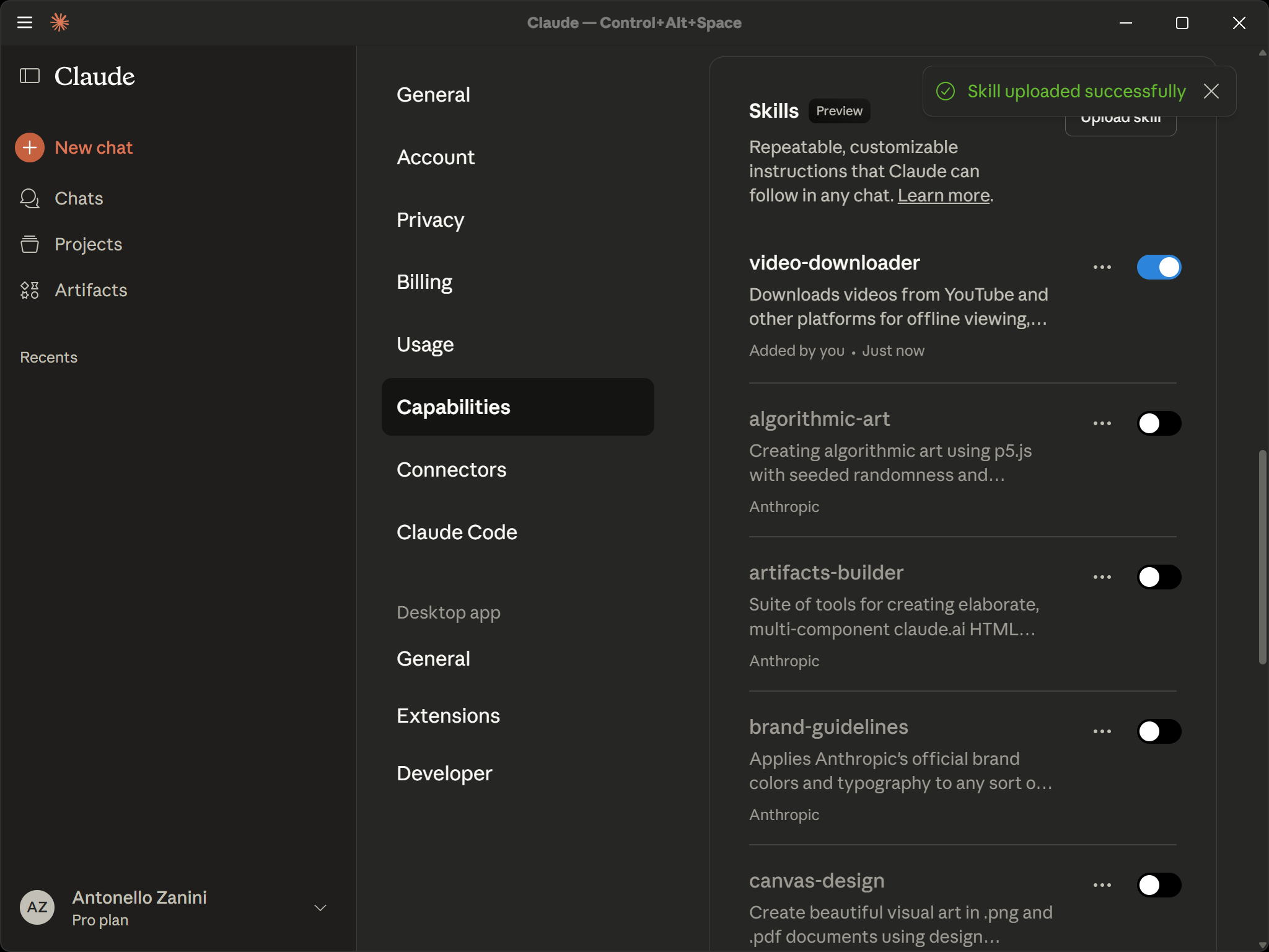 Note the “video-downloader” Skill