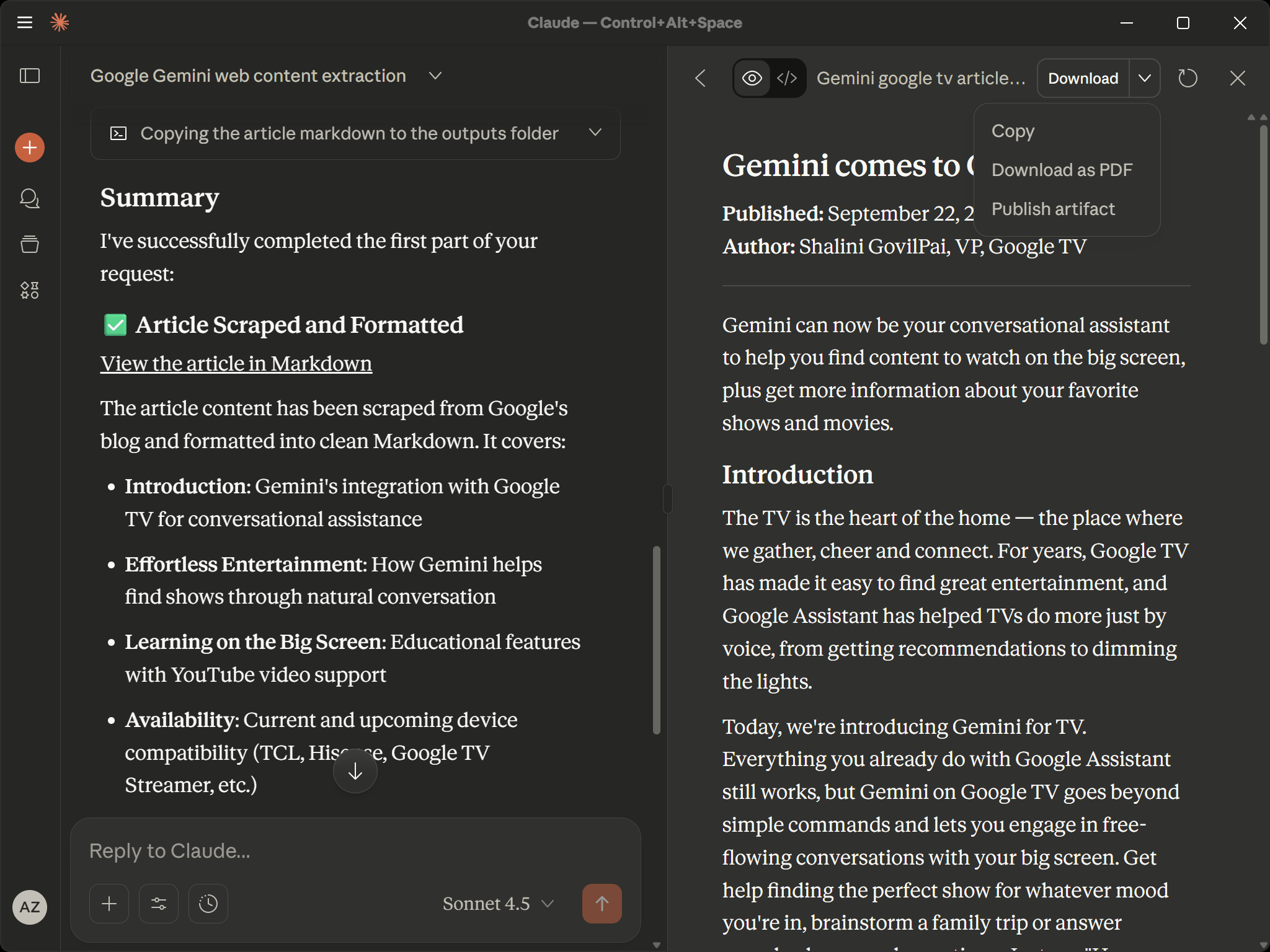 The final summary presenting the produced output by the AI