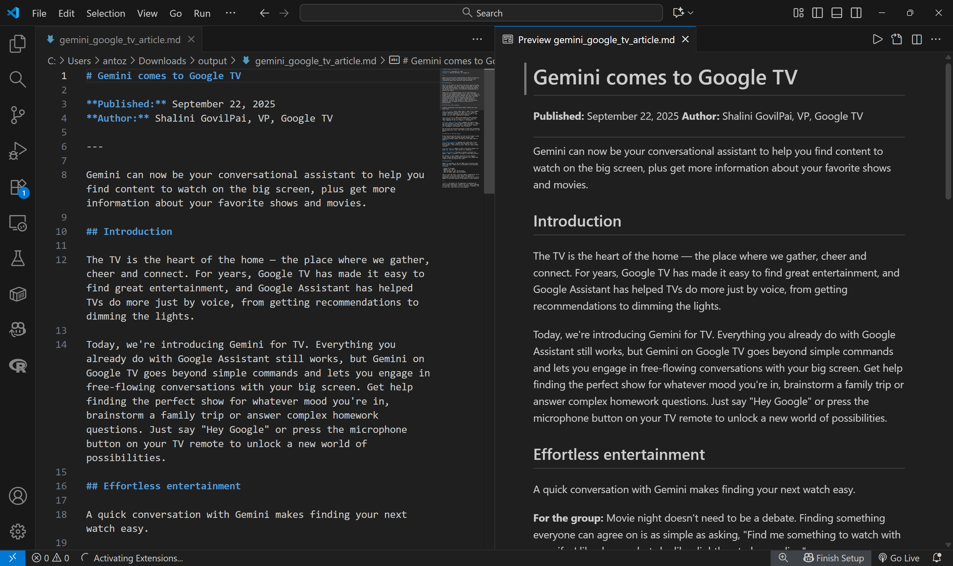 Exploring the gemini_google_tv_article.md file in Visual Studio Code
