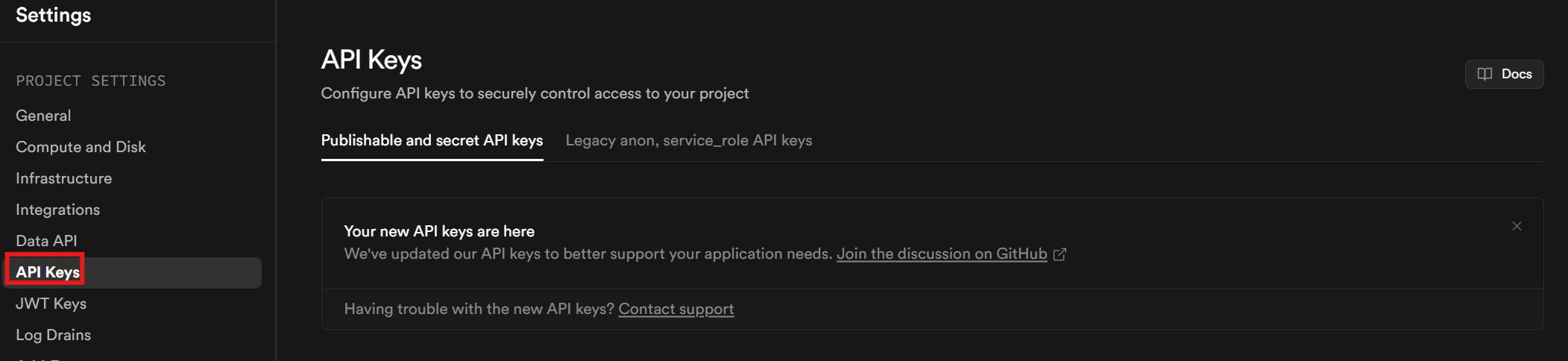 Supabase API keys tab