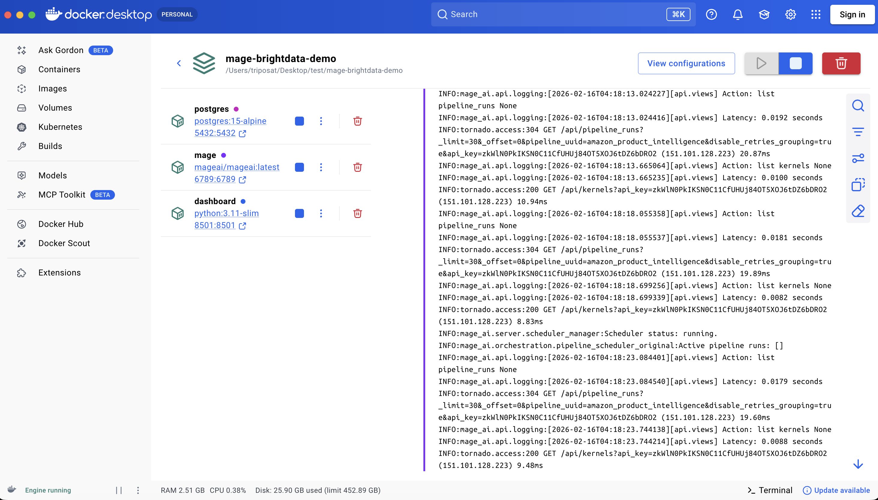 Docker containers running Mage AI, Streamlit, and PostgreSQL