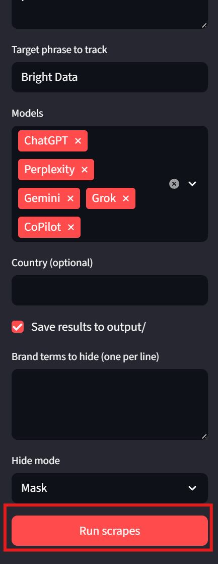 Sidebar with the "Run scrapes" button