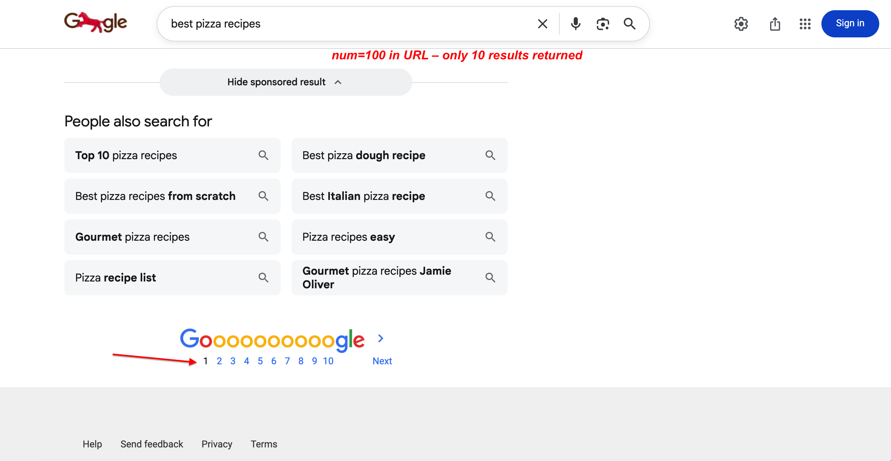 Google search with num=100 in URL still showing pagination, proving only 10 results were returned