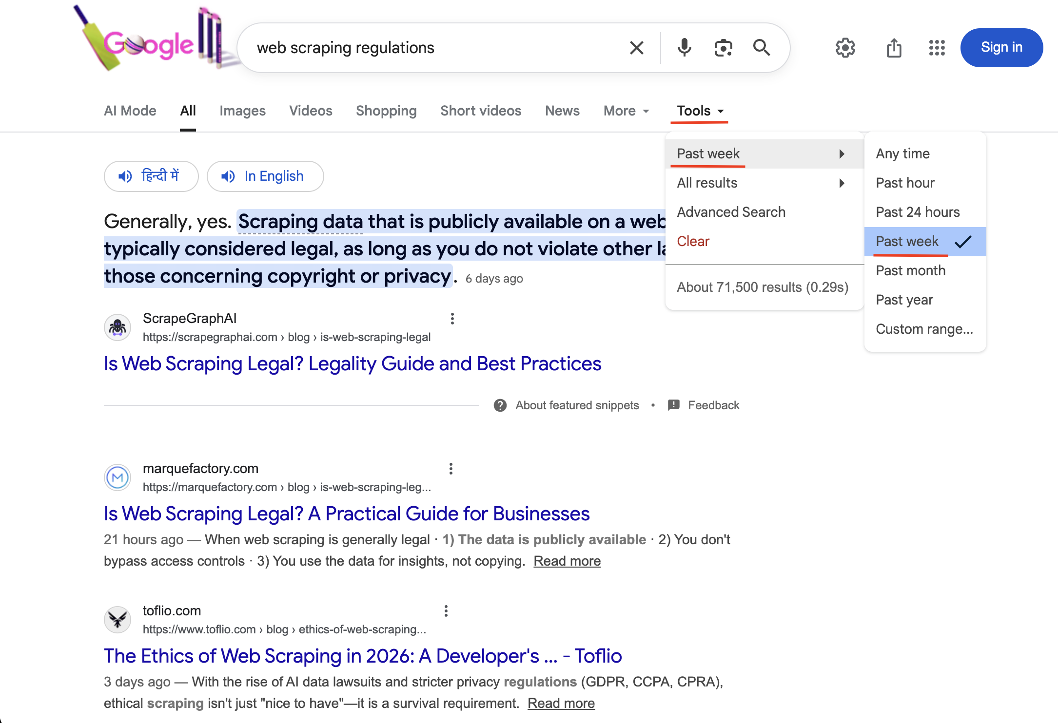 Google search for "web scraping regulations" with the Tools dropdown open showing "Past week" checked, confirming tbs=qdr:w is active