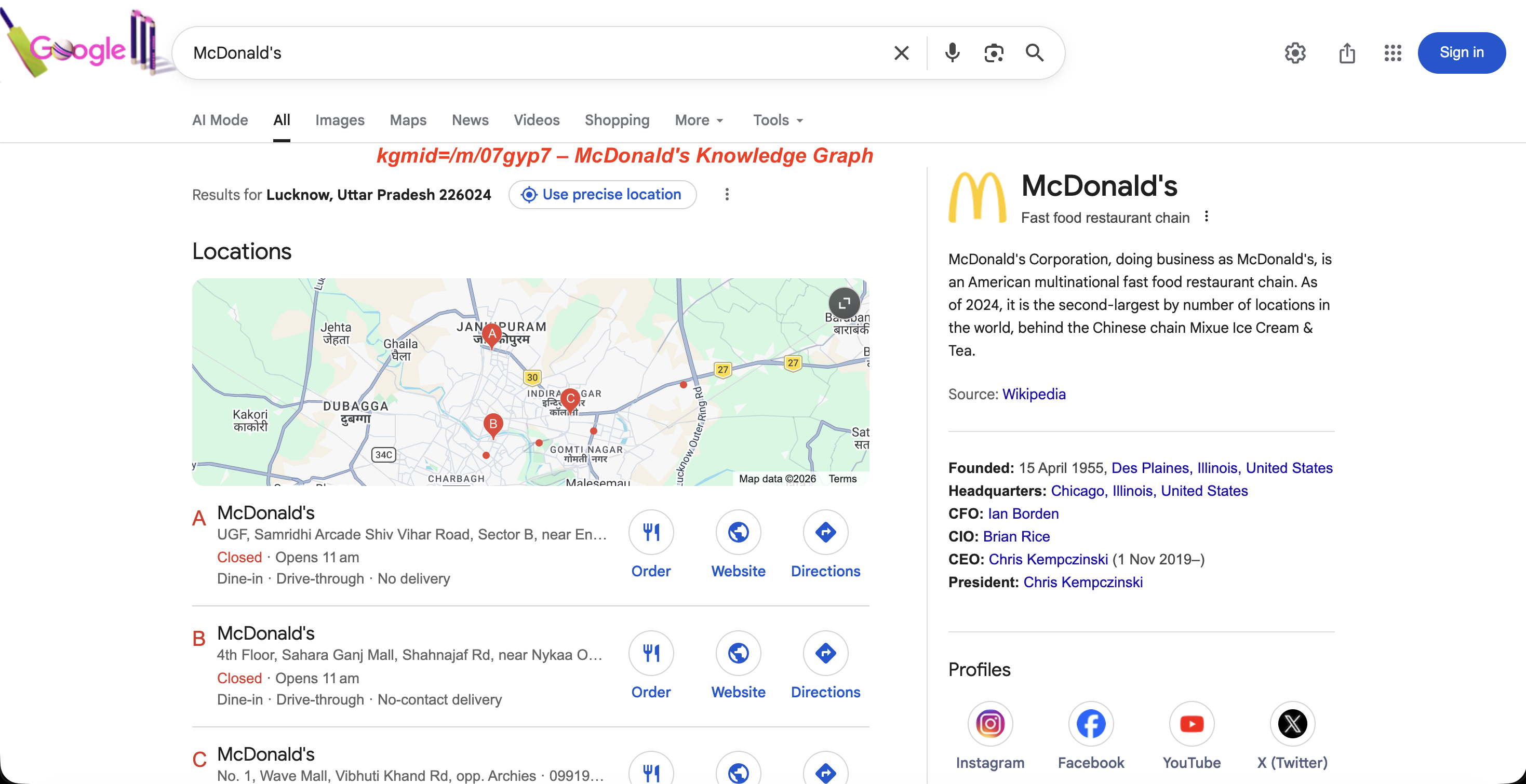 Google Knowledge Graph panel for McDonald's triggered by kgmid=/m/07gyp7, showing entity info, founding date, CEO, and social profiles