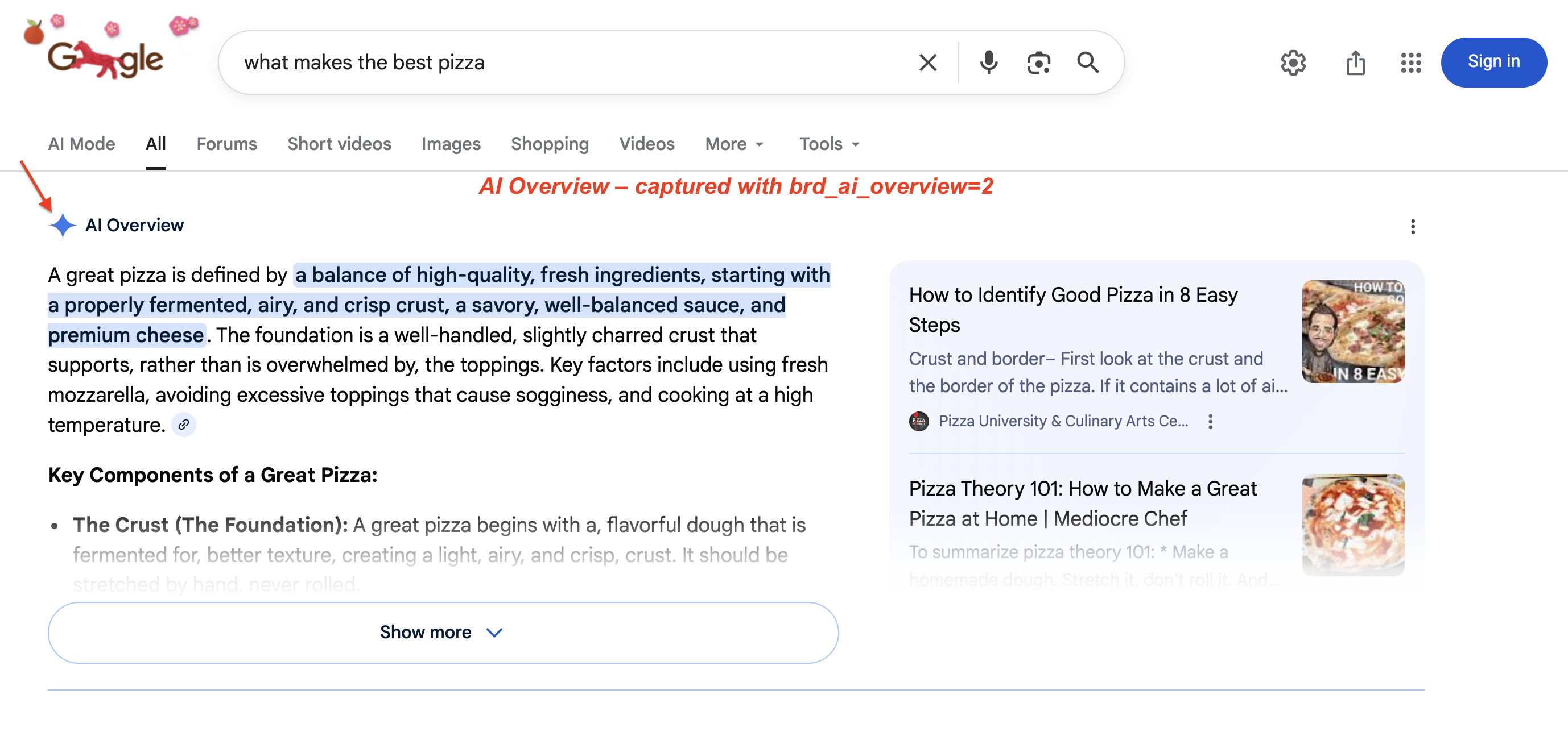 Google AI Overview for "what makes the best pizza" showing AI-generated summary with source cards