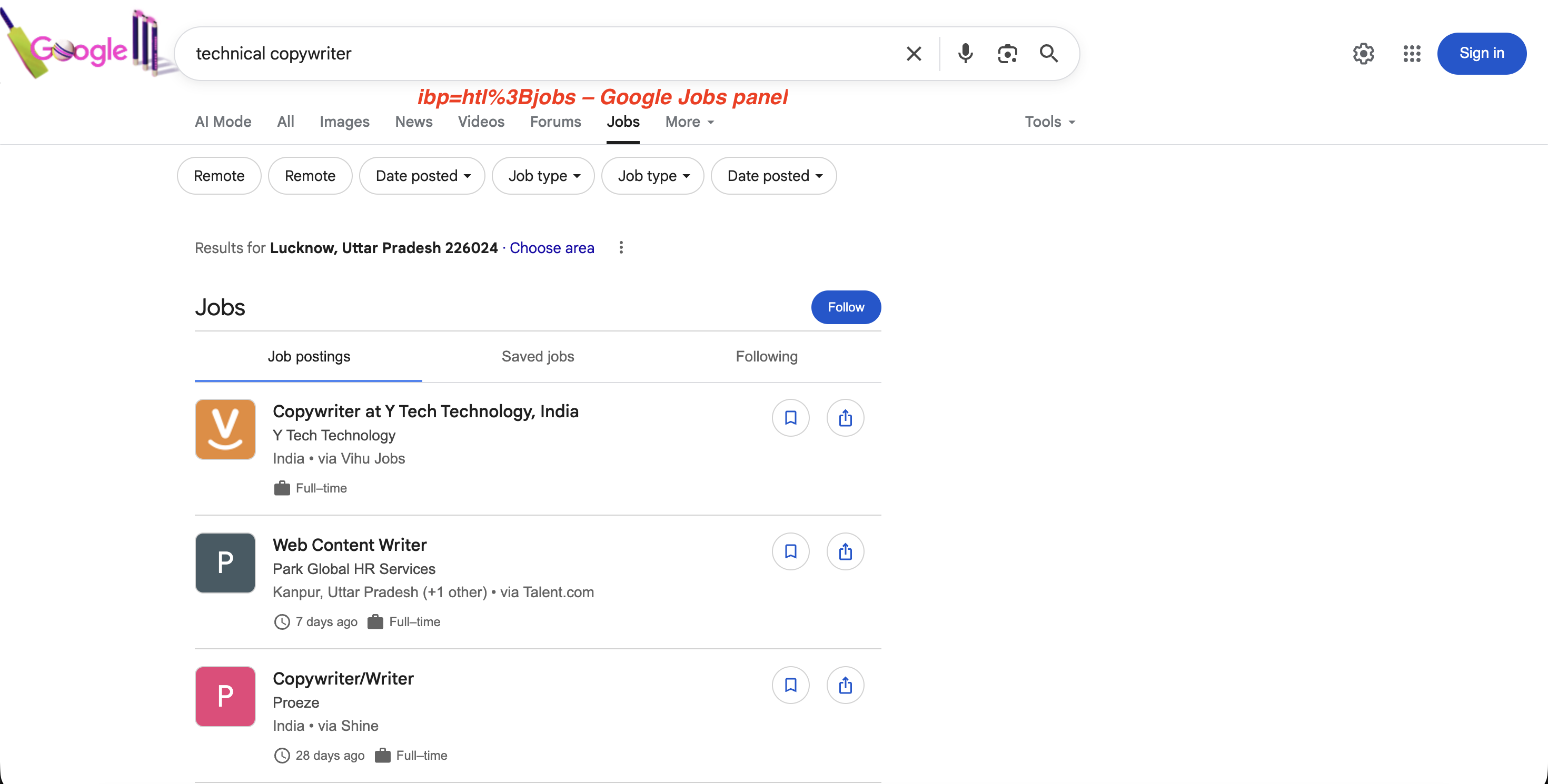 Google Jobs panel triggered by ibp=htl%3Bjobs showing job listings with filters for Remote, Date posted, and Job type