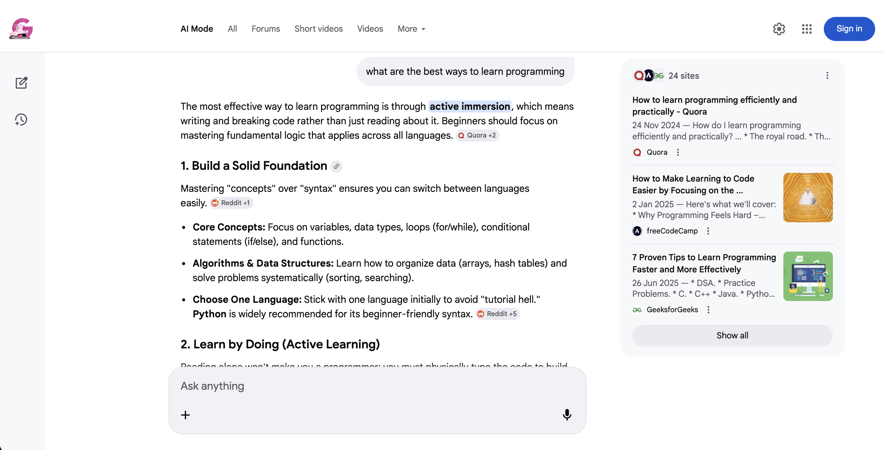 Google AI Mode (udm=50) showing a conversational AI response about learning programming with source citations from Quora, freeCodeCamp, and GeeksforGeeks