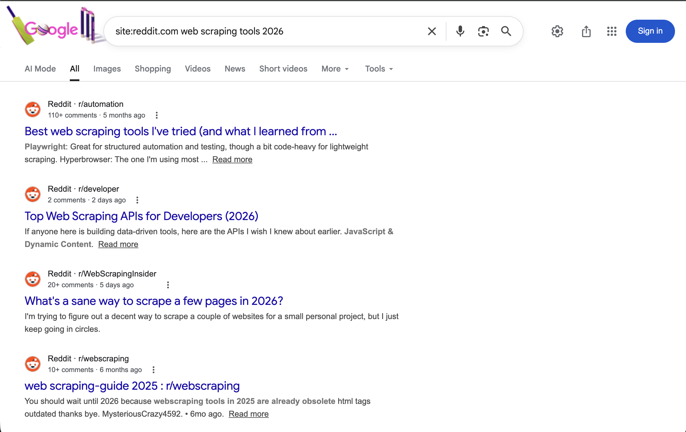 Google search results for site:reddit.com web scraping tools 2026 showing only Reddit results