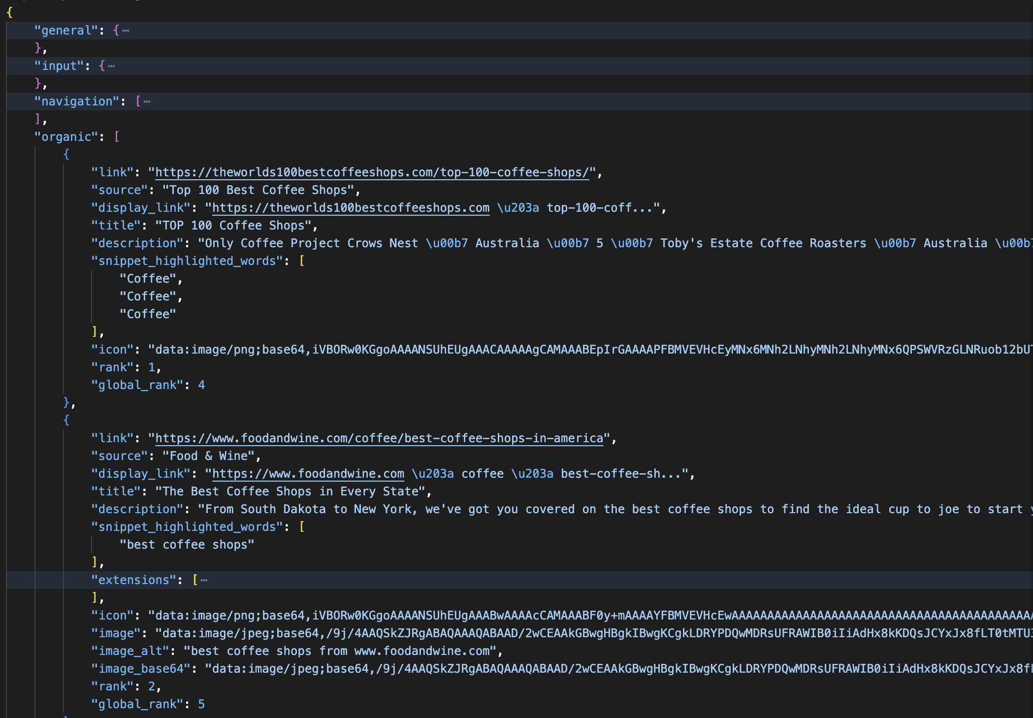Bright Data SERP API JSON response for "best coffee shops" showing parsed organic results with title, link, rank, description, and global_rank fields