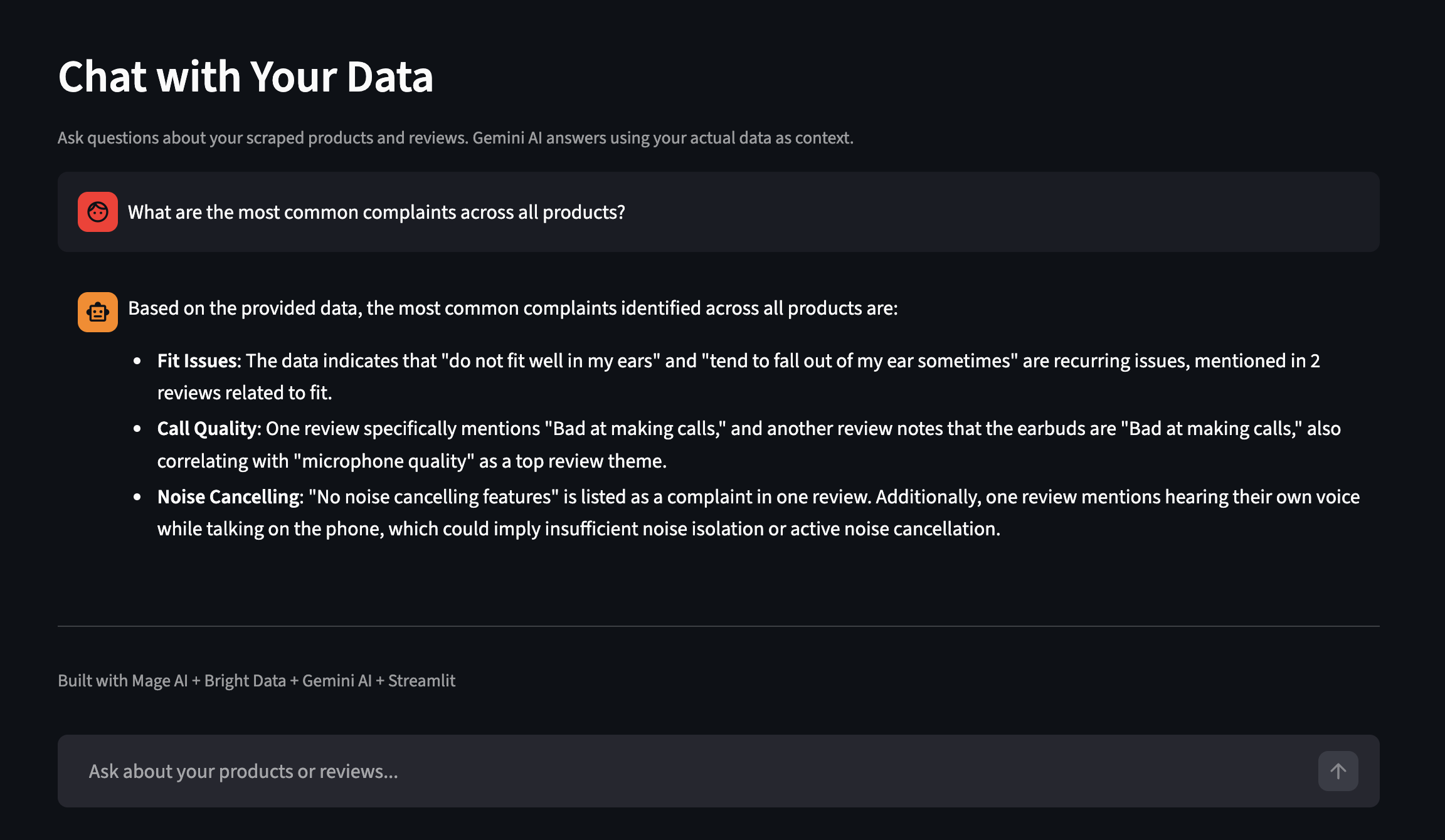 Chat with Your Data feature – ask questions about scraped Amazon data in plain English