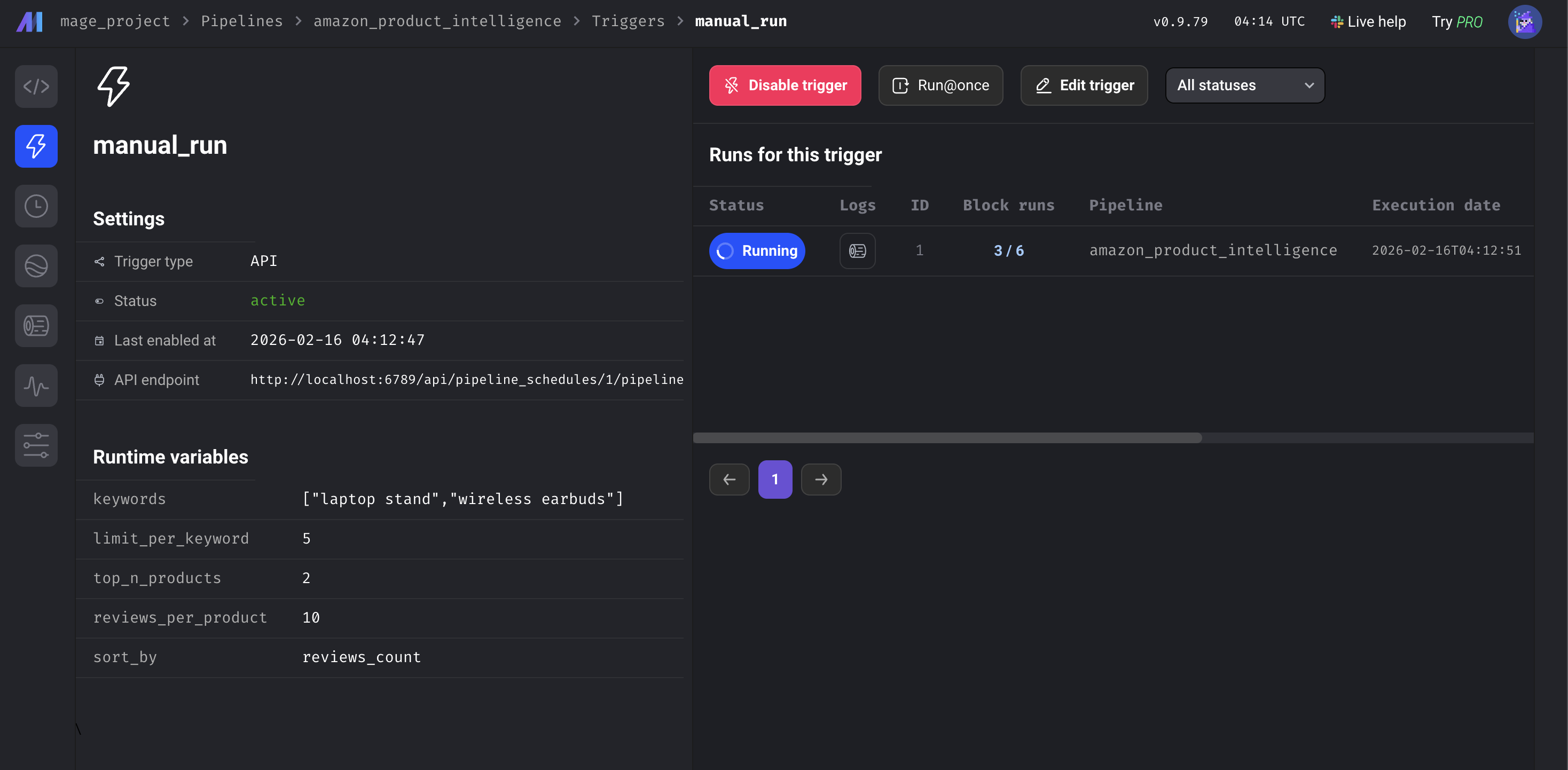 Configurable pipeline variables in the Mage AI UI for Amazon search keywords and limits
