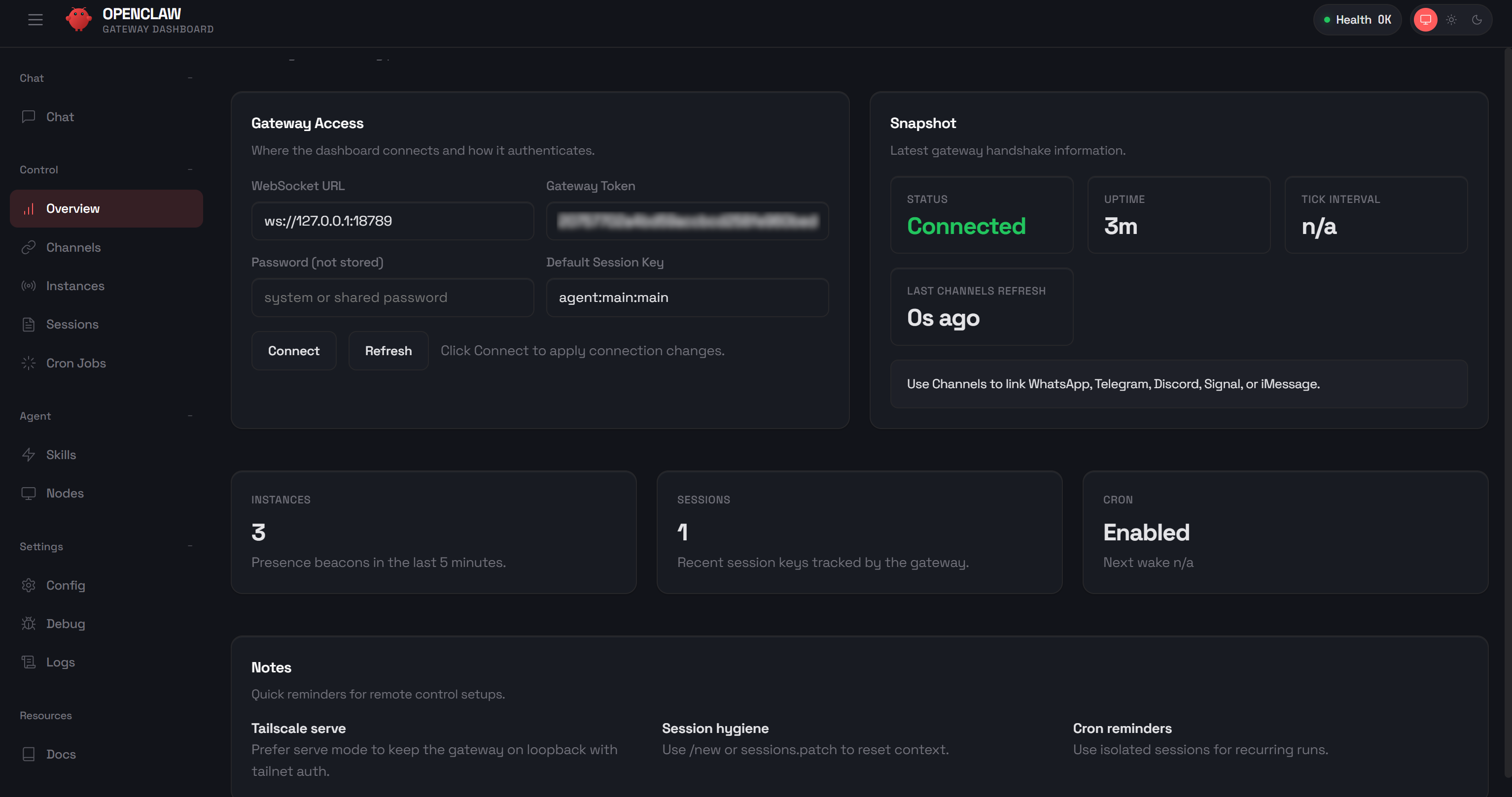 The OpenClaw gateway dashboard