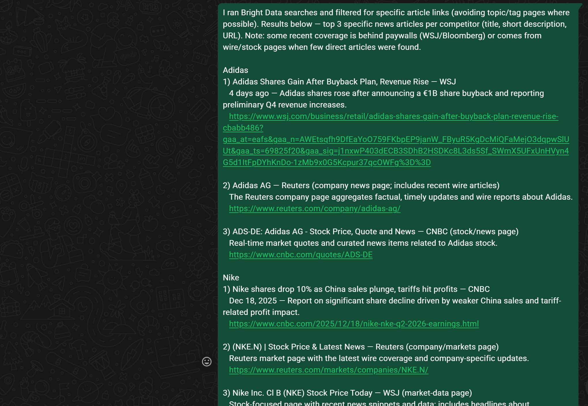 The news articles retrieved by the AI assistant