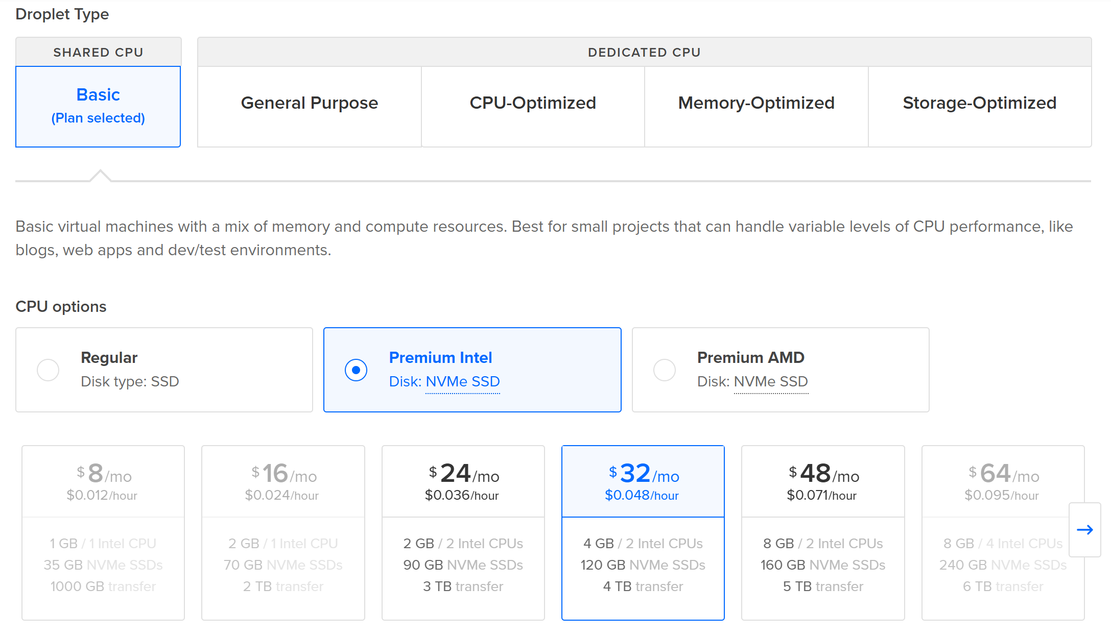 Choosing a plan for your Droplet