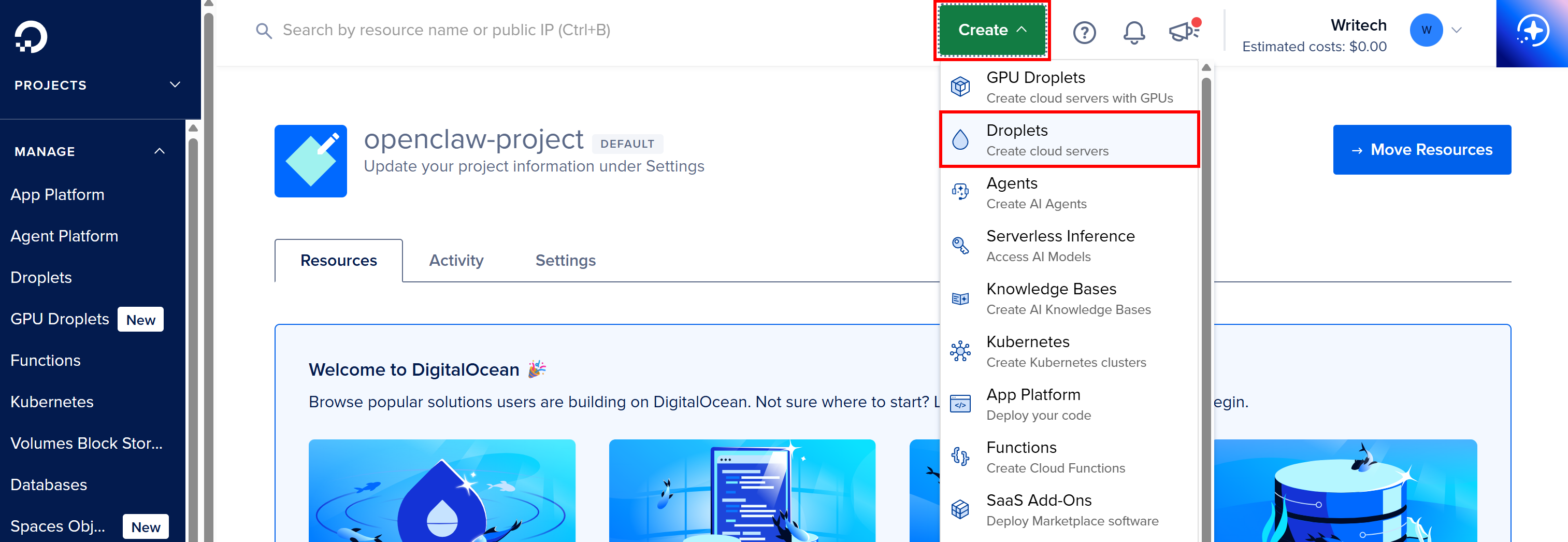Creating a new DigitalOcean Droplet