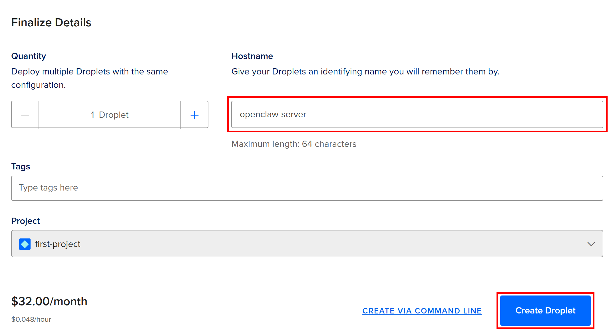 Pressing the “Create Droplet” button