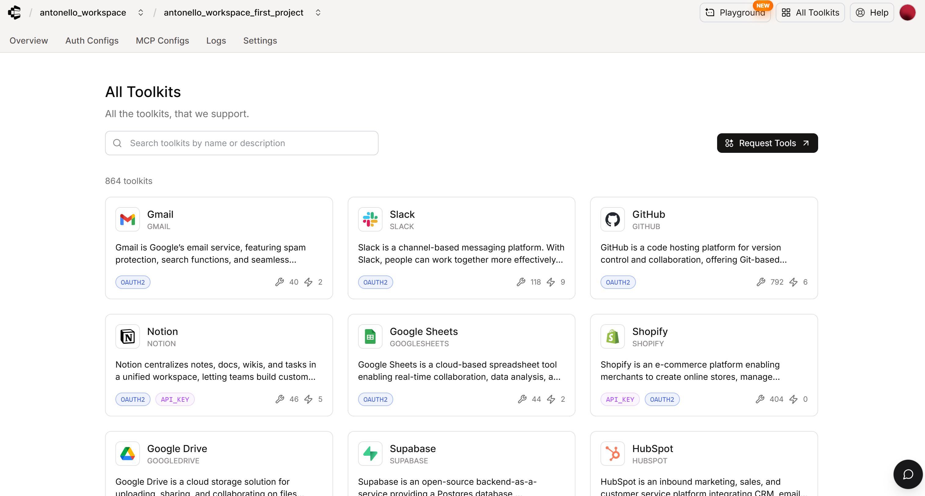 The “All Toolkits” page in Composio