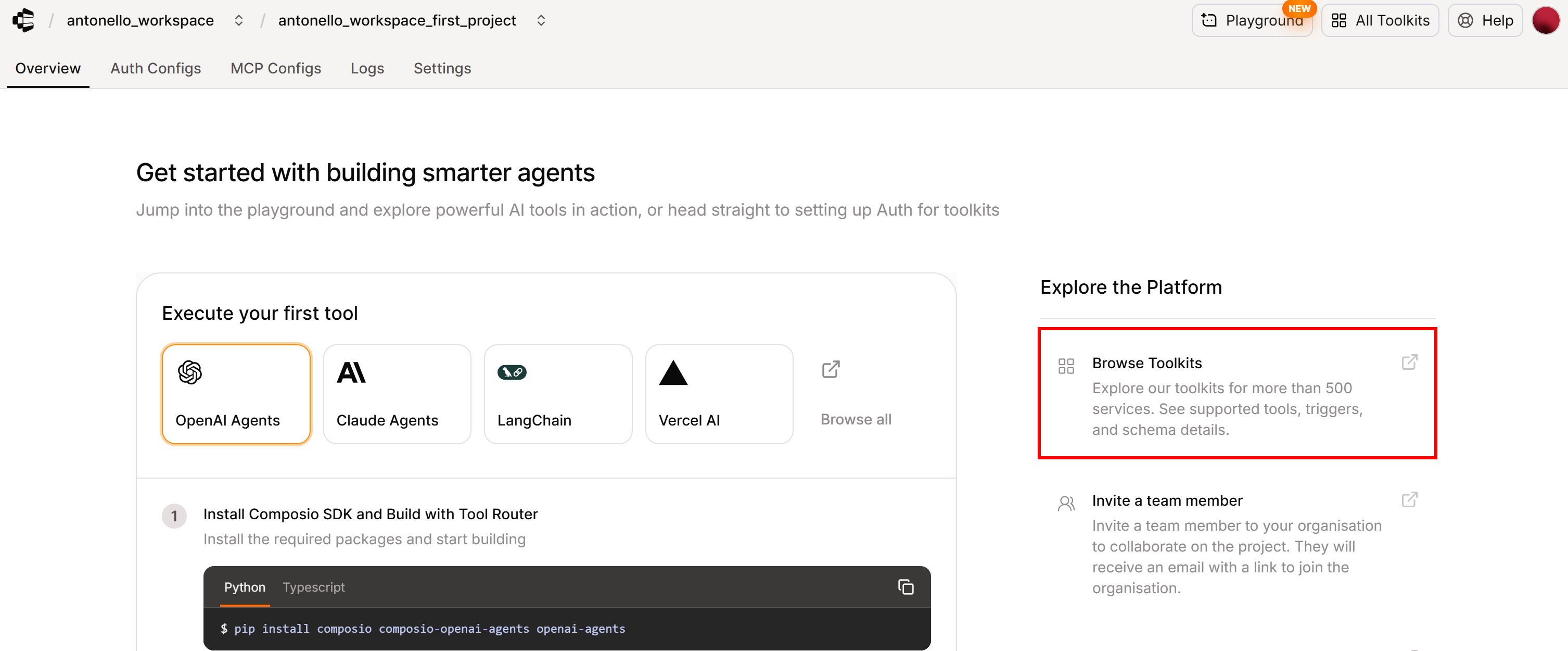 Selecting the “Browser Toolkits” section