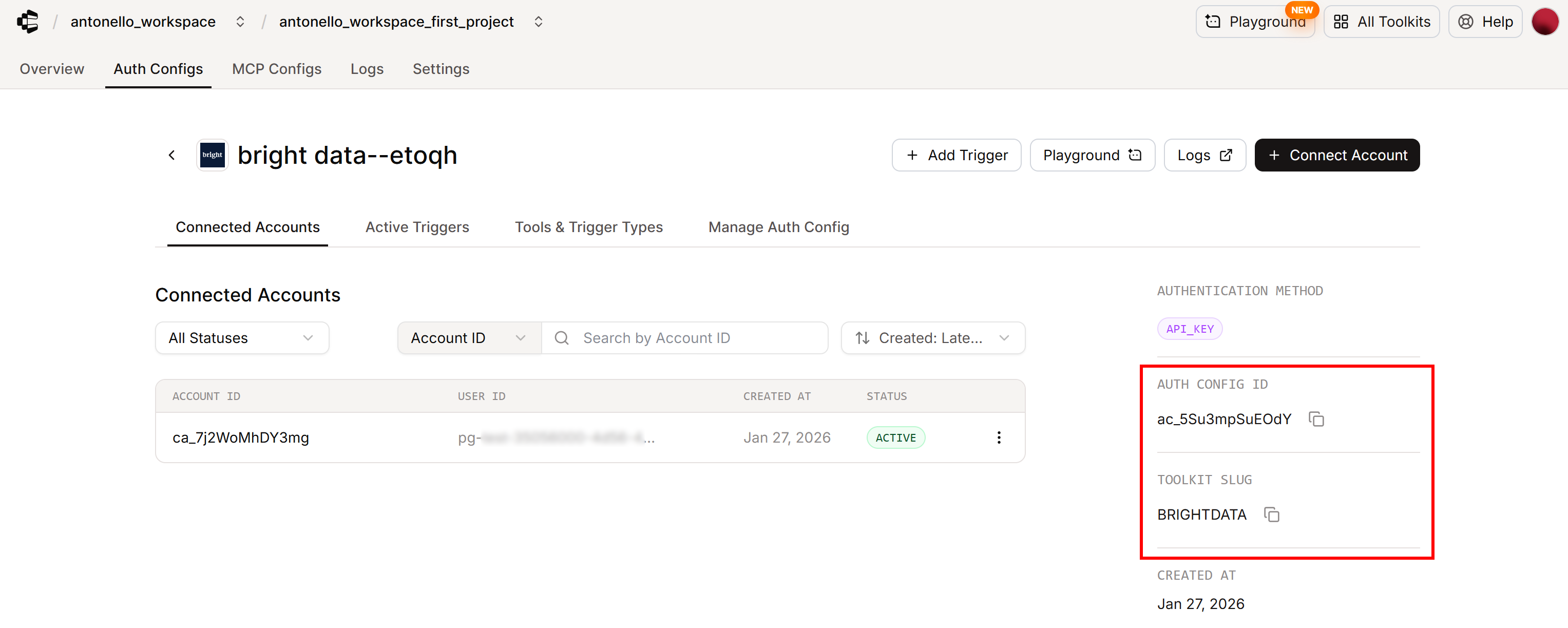 The Auth Config ID and toolkit slug