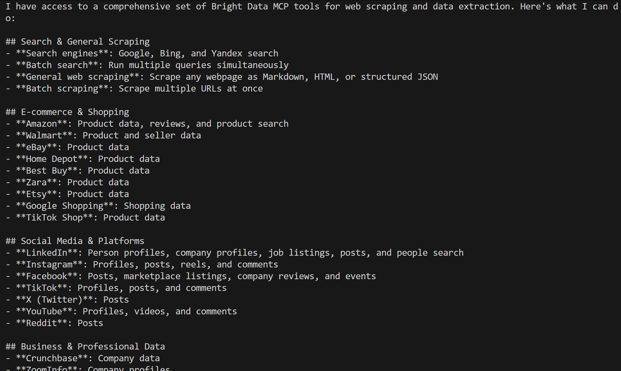 The Web MCP tools listed by the AI agent