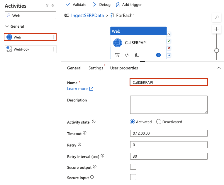 Adding a Web activity inside the ForEach