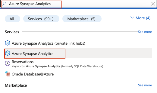 Searching for Azure Synapse Analytics in the Azure Portal