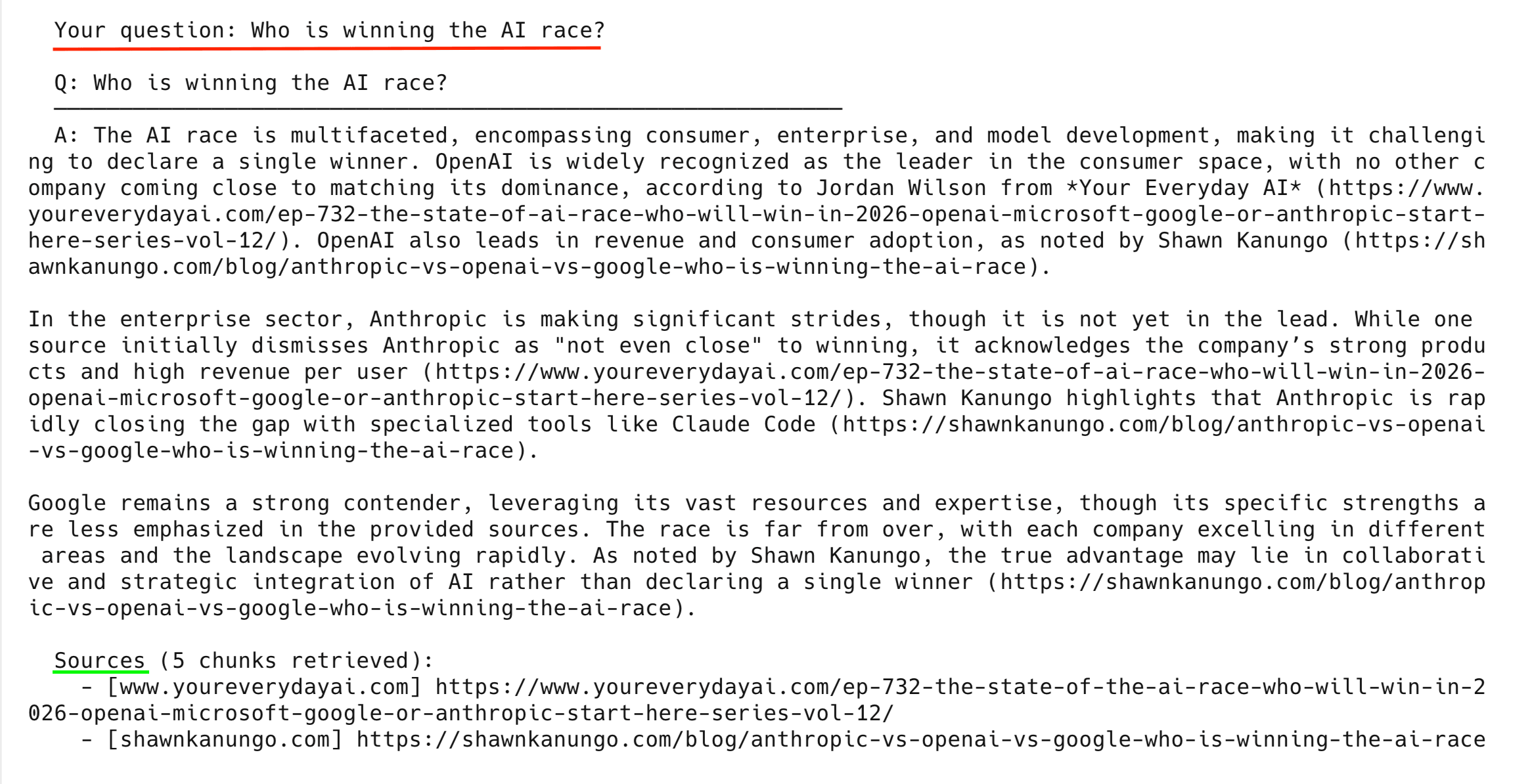 Interactive mode: asking 'Who is winning the AI race?' and getting a multi-source cited answer