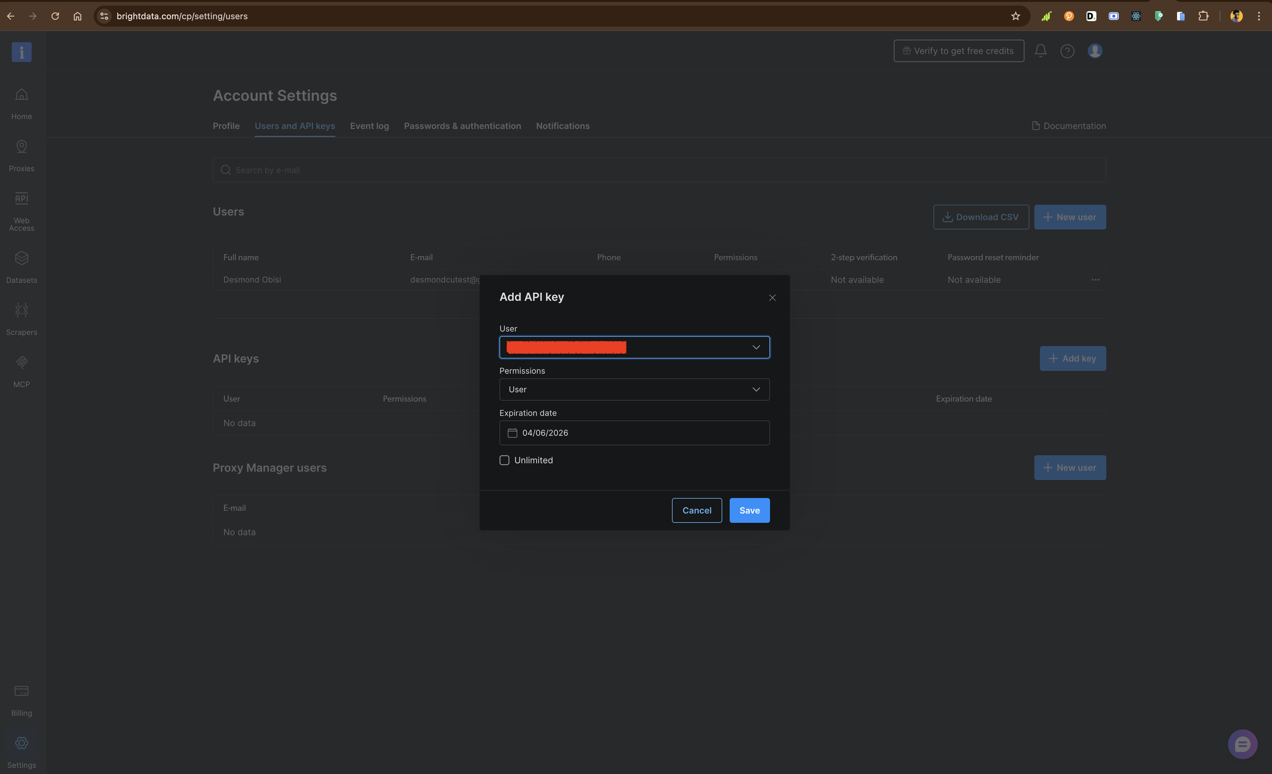 Add API Key Modal Brightdata