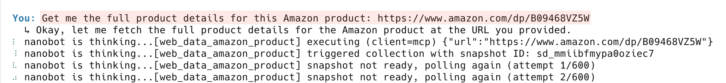 Bright Data structured Amazon product data, pricing, ratings, reviews, and specifications extracted by the AI agent