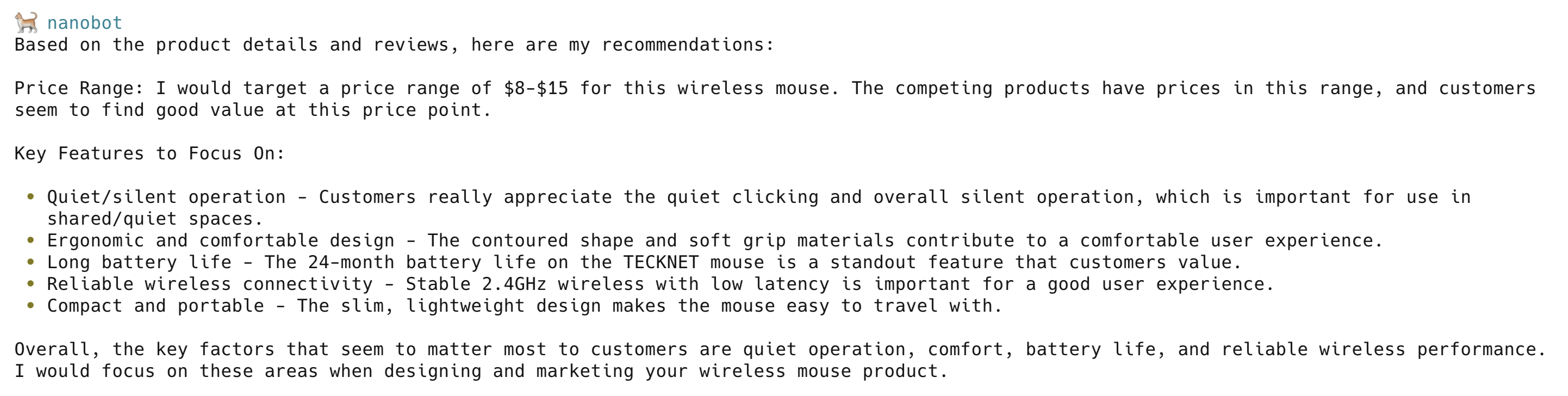 AI agent competitive analysis results, price range recommendation and key features comparison for wireless mice
