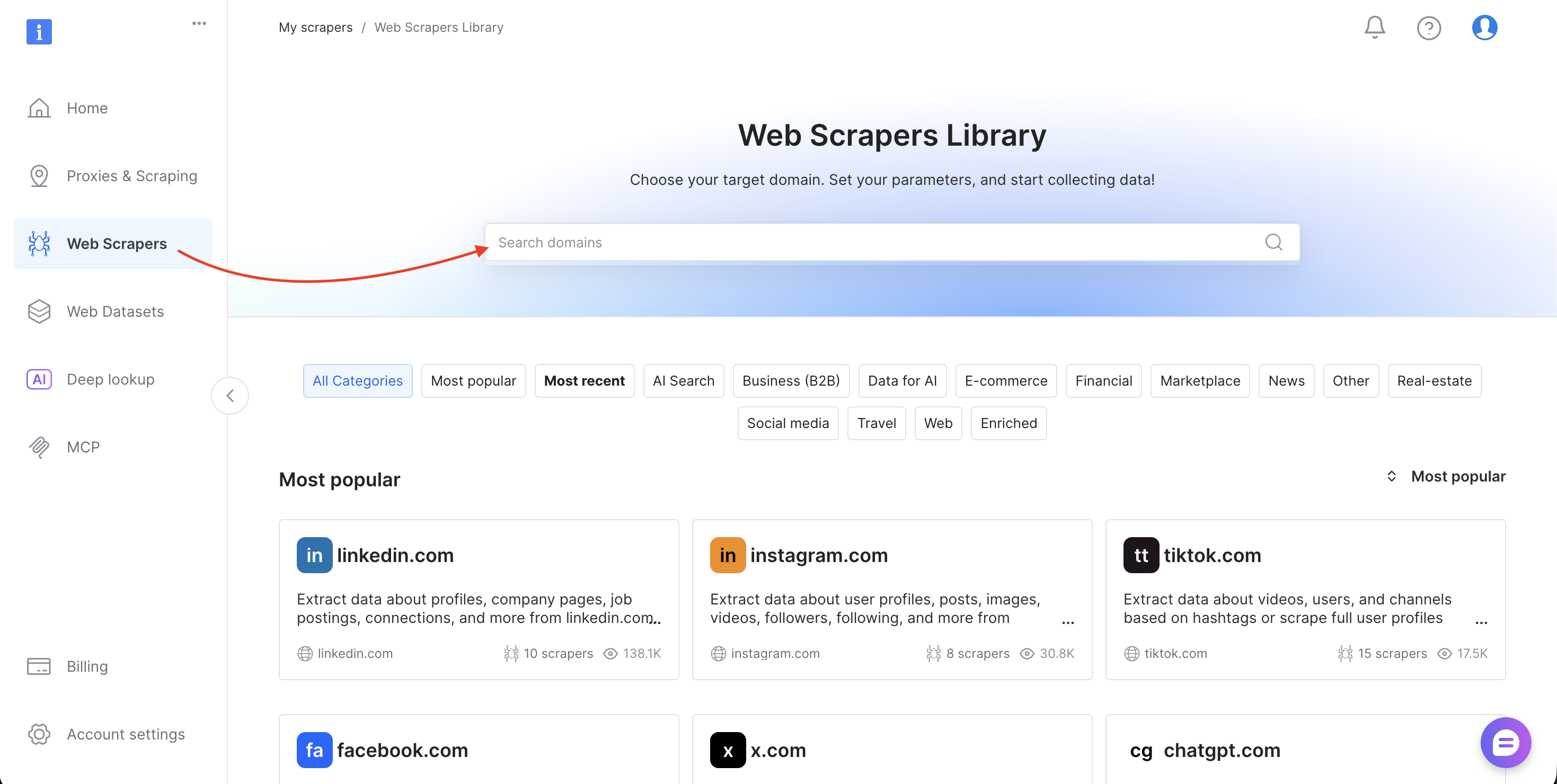 Bright Data Web Scrapers Library showing available scraper categories and popular domains
