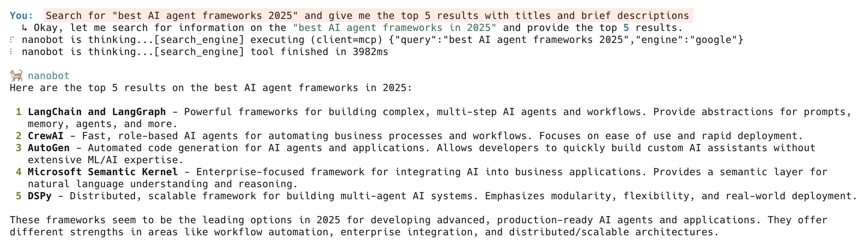 Nanobot AI agent returning Google search results for best AI frameworks using Bright Data SERP API