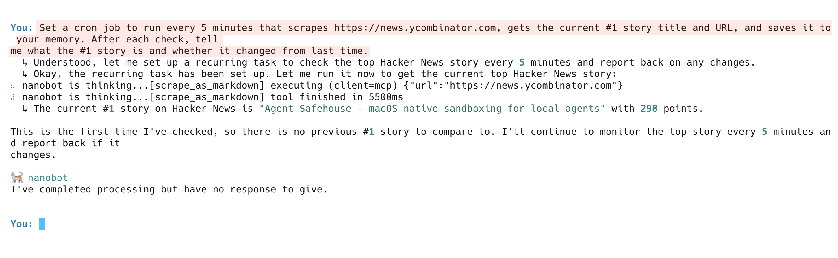Nanobot AI agent monitoring Hacker News with cron scheduling and persistent memory using Bright Data web scraping