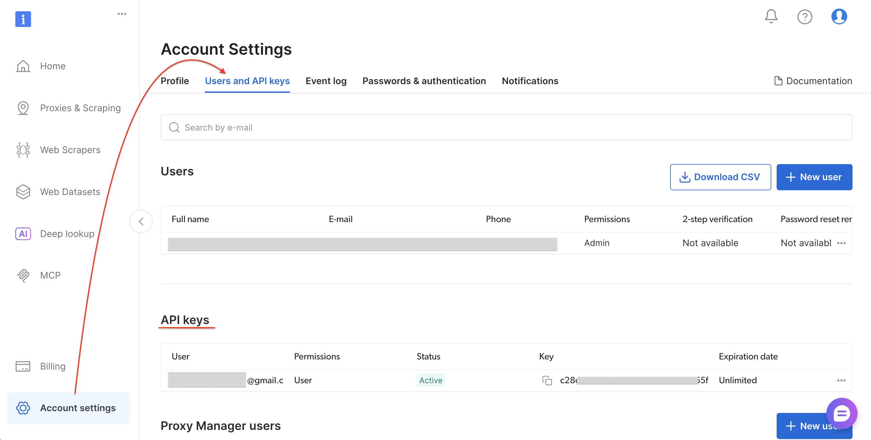 Bright Data Account Settings showing the Users and API keys tab with API key management