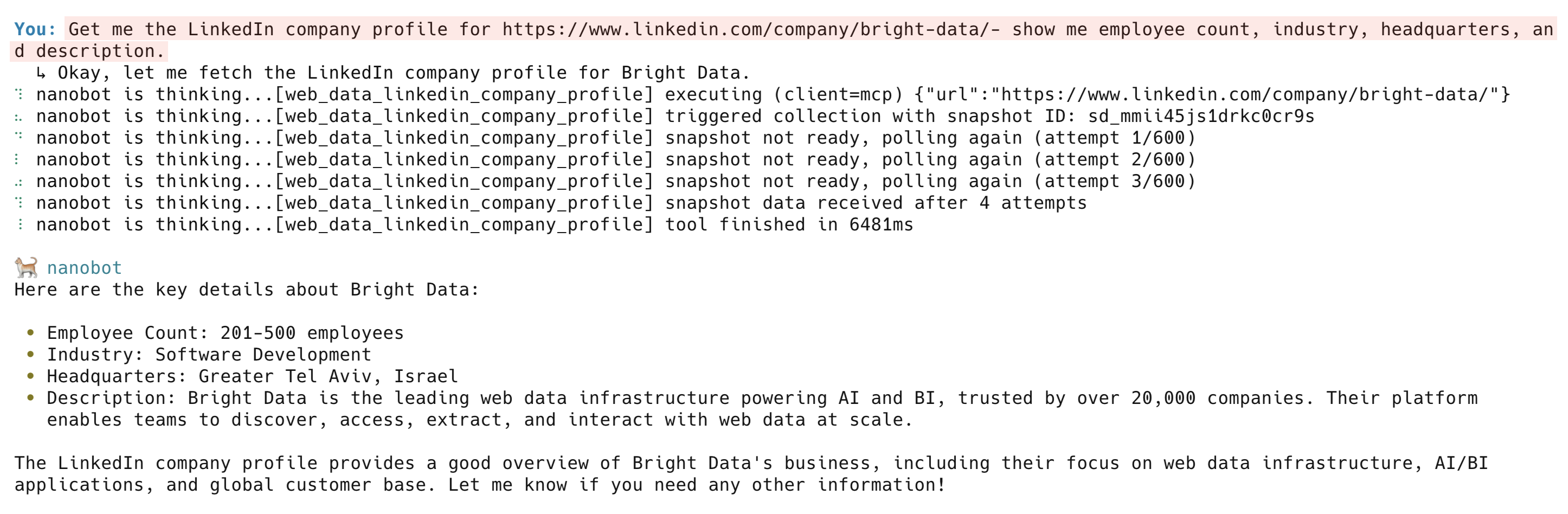 AI agent extracting LinkedIn company data using Bright Data MCP, employee count, industry, and headquarters