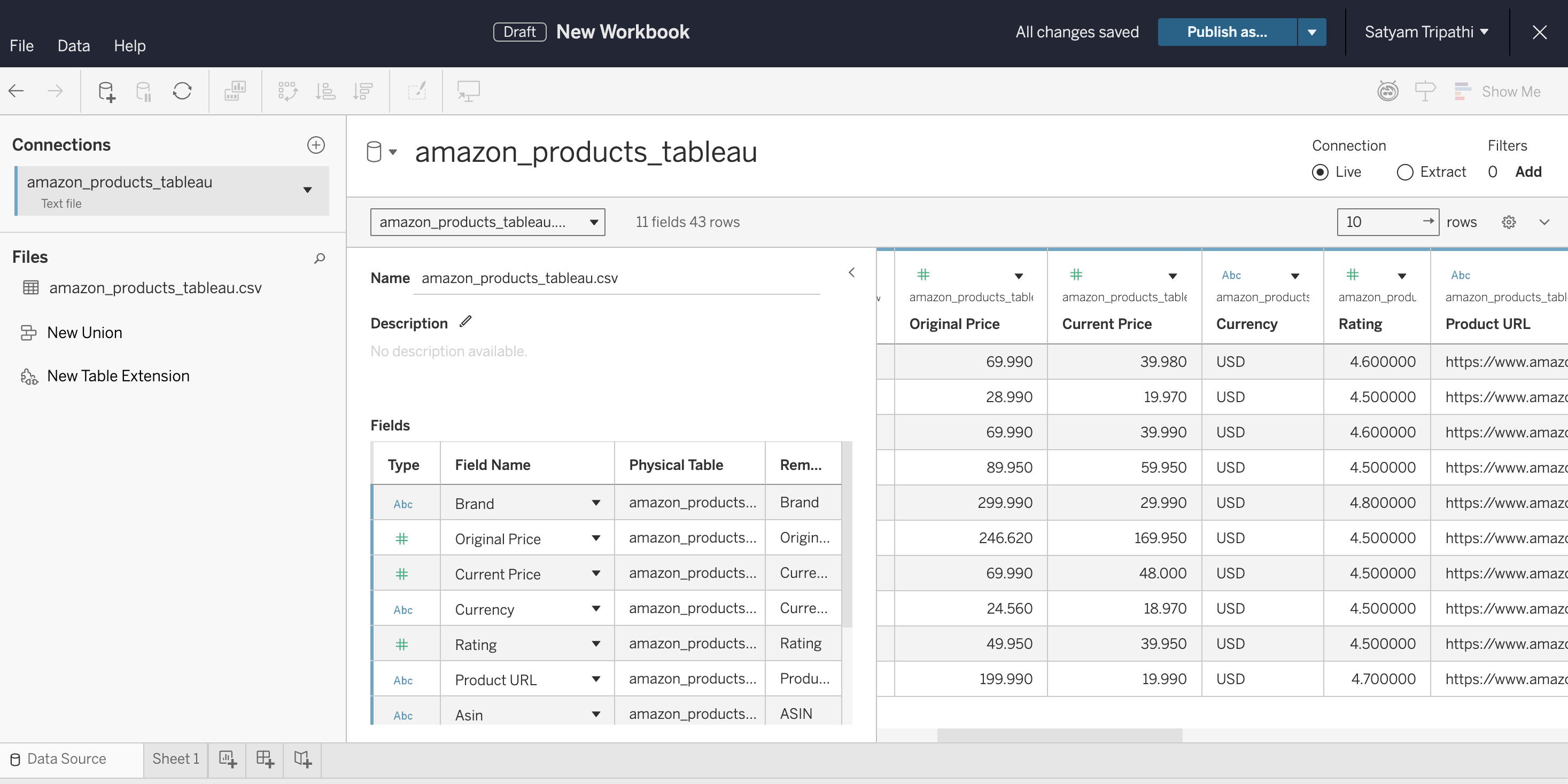 Tableau Data Source view showing the imported CSV with 11 fields and 43 rows of Amazon product data