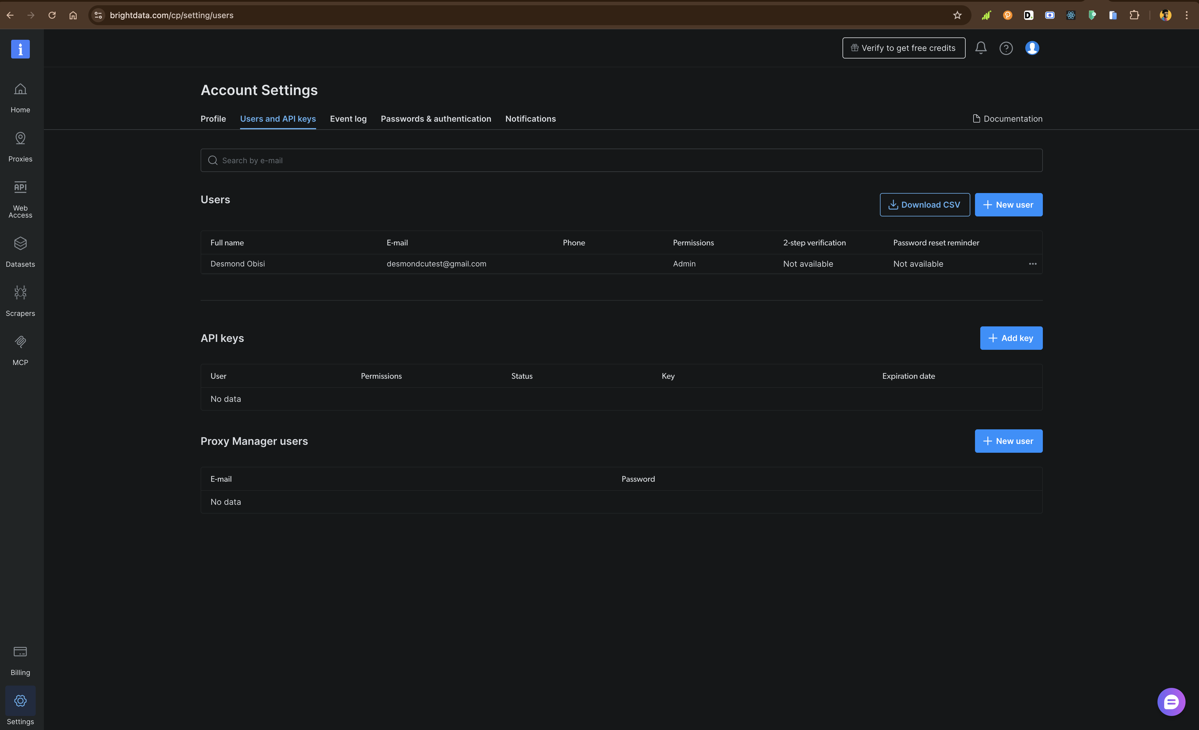 Account Settings Screen Brightdata