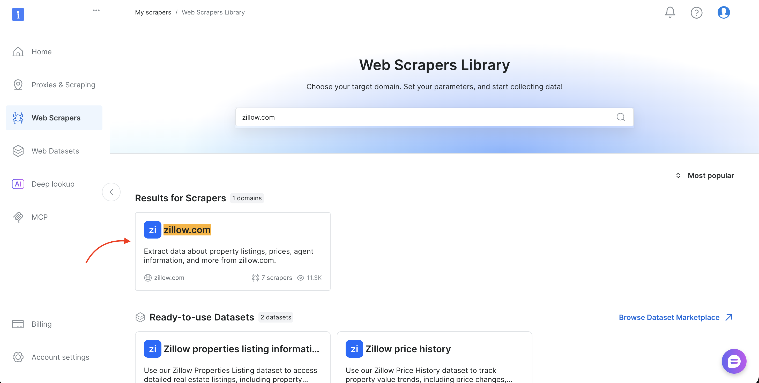 Bright Data Web Scrapers Library filtered for zillow.com showing scraper and dataset results
