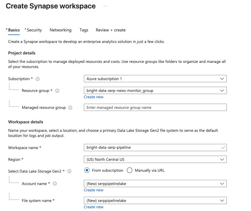 Filling out the Azure Synapse workspace creation form