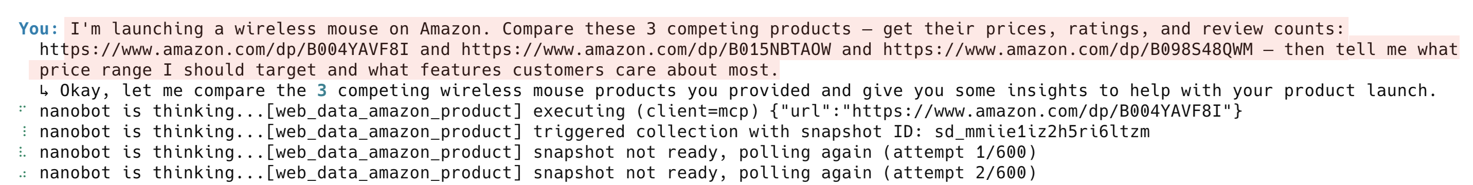 Nanobot AI agent calling Bright Data Amazon product API three times for competitive price analysis